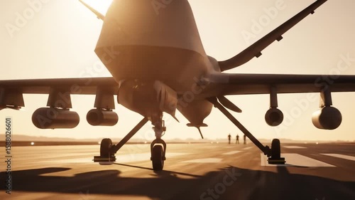 Drone on runway in sunrise or sunset light unmanned aircraft on airfield military technology imagery