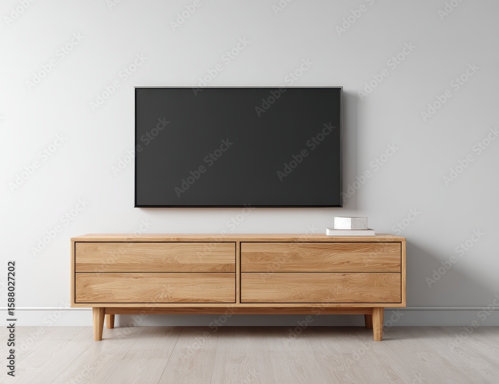 Fototapeta premium Flat-screen TV mounted above light wood entertainment center