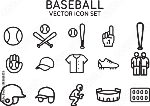 Dynamic baseball vector icon set featuring essential sports equipment and elements, perfect for game-related designs, athletic themes, and graphic presentations with a clean line art style.