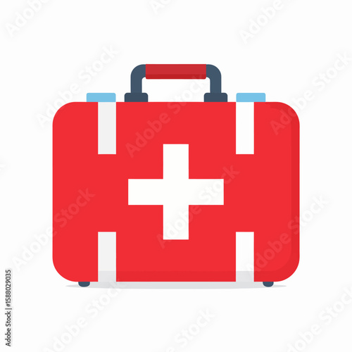 Red first aid kit with white cross, handle, and blue accents on a white background.