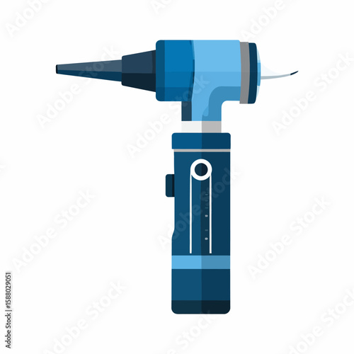 Illustration of a blue otoscope, a medical instrument used for examining the ear, against a white background.