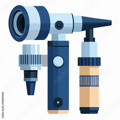 Illustration of an otoscope, a medical instrument used for examining the ear, featuring a light source, lens, and speculum.