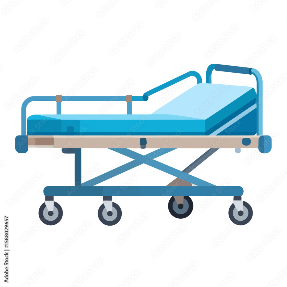 Illustration of a blue medical gurney or hospital bed with wheels and adjustable railings, isolated on a white background. Illustration of a blue medical gurney or hospital bed with wheels and adjustable railings, isolated on a white background.