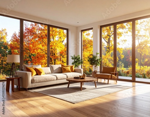 Cozy living room interior with floor‑to‑ceiling windows overlooking dense autumn foli