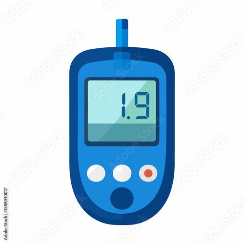 Blue digital blood glucose meter displaying a reading.
