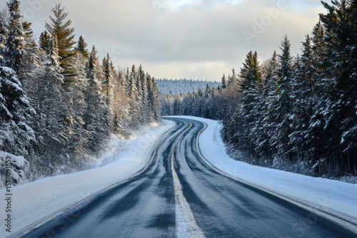 Snowy road ahead, POV driving scene, Highway 40 Quebec, winter forest surrounds