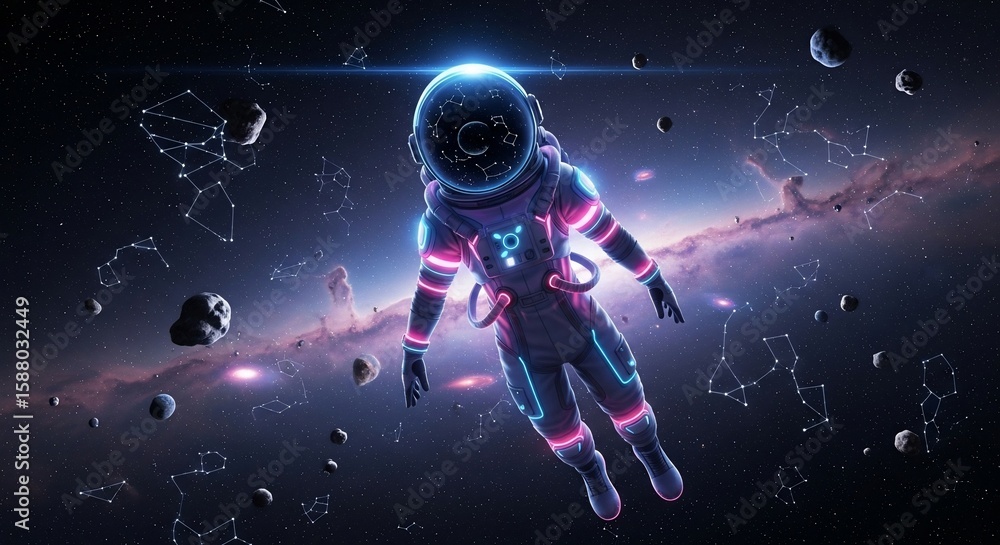 Obraz premium Astronaut Floating in Space with Glowing Suit and Constellations Displayed