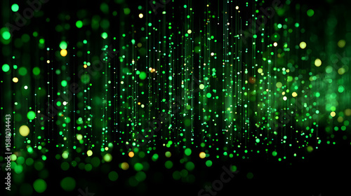 Digital green matrix. Futuristic dots background. Cyber texture with particles of different sizes. Technology illustration. Green matrix background. Technology stream binary code.