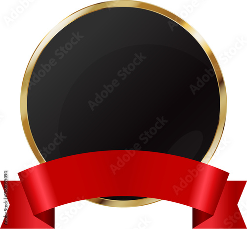Round banner with gold frame and red ribbon. Award medal coat of arms design