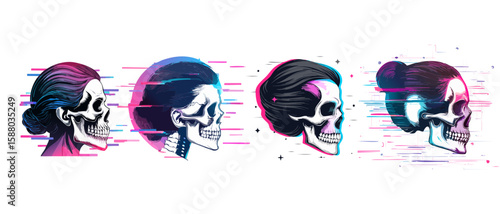 Bundle: 4 Distorted skulls with retro digital glitch effects add a spooky vibe - skull vector side