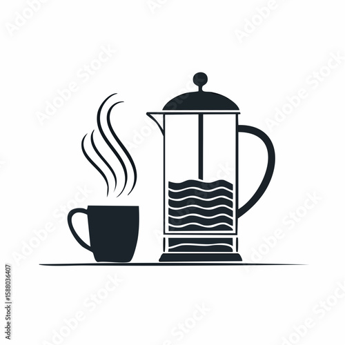 Flat vector in black and white of a French press and a mug, both releasing steam in elegant, wavy lines