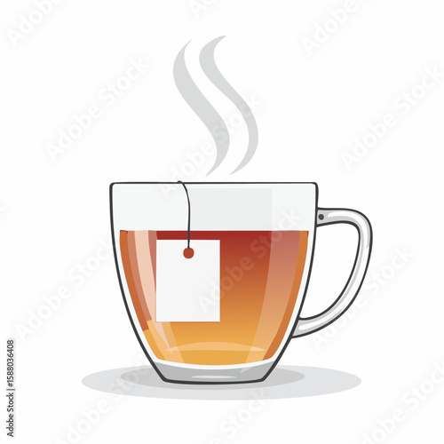 Black and white vector of a glass teacup with visible steam and a teabag label hanging over the side