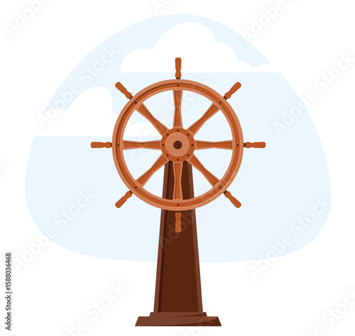 Wooden ships helm against background of blue sky and white clouds. Boat driving. Sea summer vacation. Water transport steering wheel. Yacht navigation. Ocean cruise. Vector concept