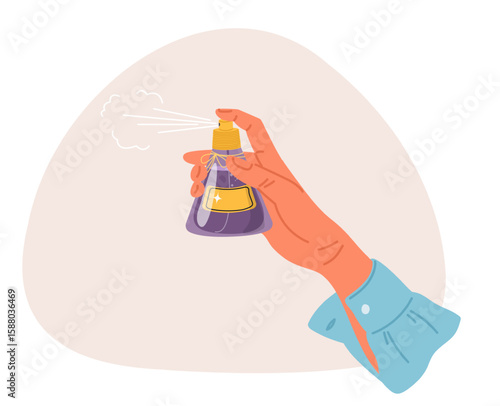 Woman sprays scented perfume or toilet water from bottle. Present smell pump sprayer. Female hand holding aroma perfumery vial. Aromatic cologne. Fragrance essence fleur. Vector concept