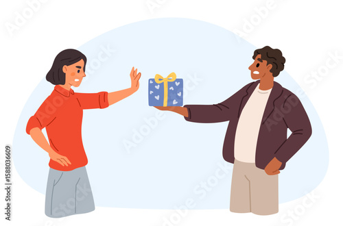 Woman gestures with her hand to refuse offered gift from man. Stop expression. Couple disagreement. Denial present. Guy giving holiday surprise box. Stop expression. Vector concept