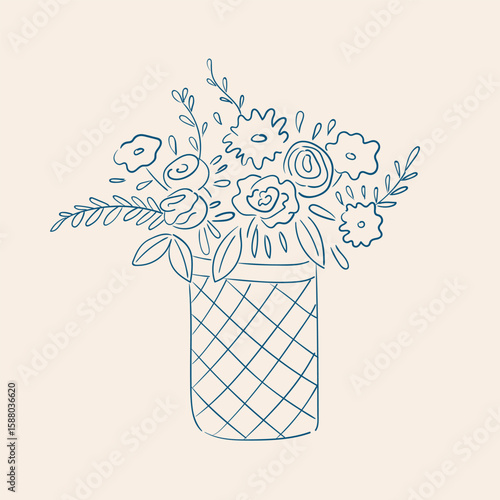 Whimsical line art illustration of wildflowers bouquet in a glass vase. Doodle flowers drawing. Minimal sketch design. Vector graphic