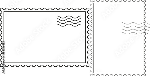Minimal vector illustration of blank postage stamps with wavy cancellation lines. Includes horizontal and vertical formats. Perfect for postal-themed designs and scrapbooking projects.