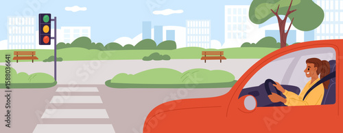 Woman driving red car is standing at traffic light in front of crosswalk. Automobile transportation rule. City highway. Driver in auto. Pedestrian zebra. Town road cross. Vector concept
