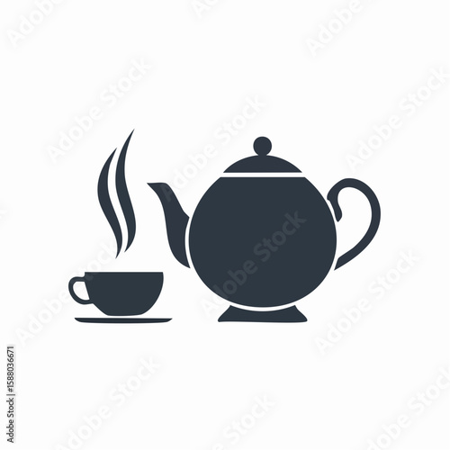 Flat vector of a classic teapot and teacup with rising steam, in silhouette style with clean lines