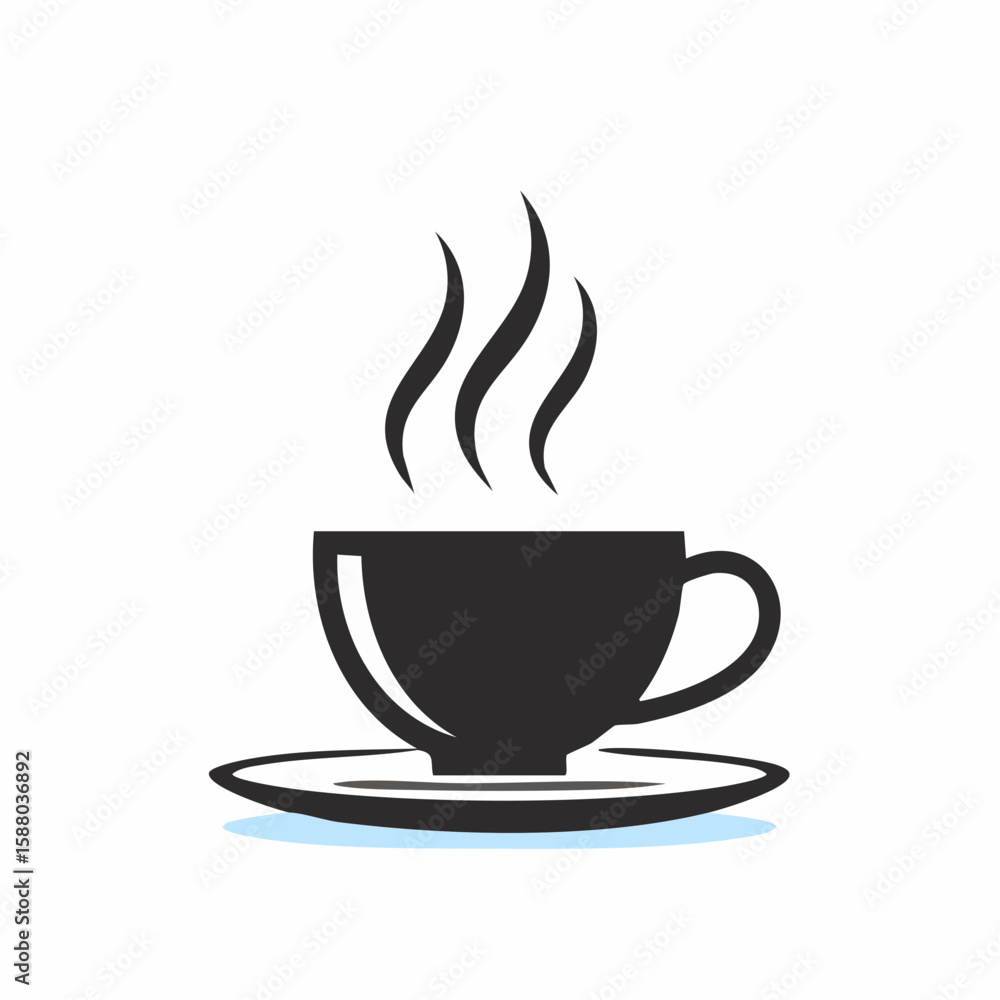 Flat black and white vector of a steaming coffee cup on a saucer, with simple curved steam lines rising above it Flat black and white vector of a steaming coffee cup on a saucer, with simple curved steam lines rising above it