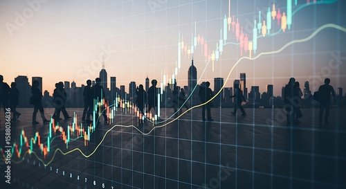 Silhouettes of people walking with rising financial graph overlaid on cityscape backdrop