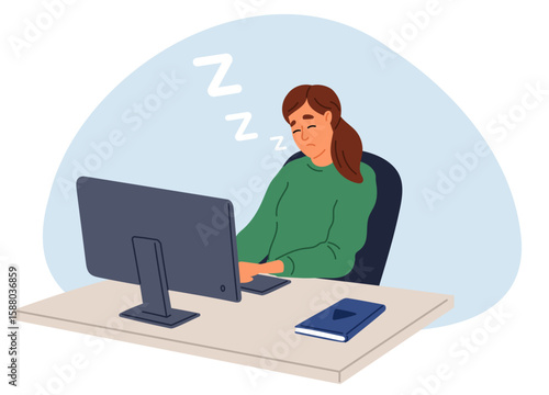 Tired exhausted woman sleeps on workstation in office. Asleep employee. Dream on workplace. Burnout businessman. Overtime work. Busy manager slumbering at computer desk. Vector concept