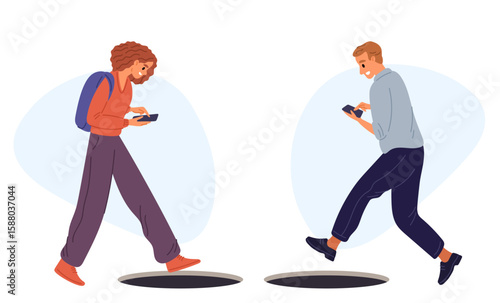 Smartphone addiction. Young woman and guy looks at phone and falls down open trapdoor. Addicted people falling into manhole. Walking with mobile devices. Unseen obstacle. Vector concept