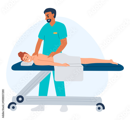 Professional male masseur gives relaxing back massage to girl lying on table. Spa relaxation. Medical procedure. Physiotherapy treatment. Health care rehabilitation. Vector concept