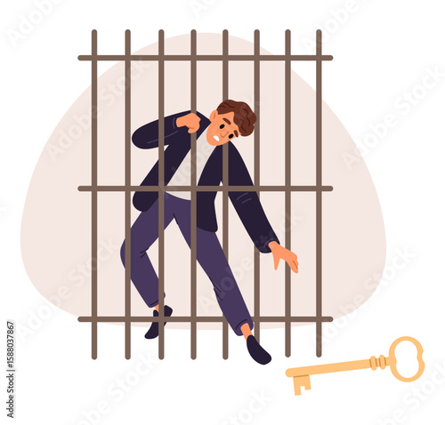 Caged businessman reaches for key to lattice bars. Man searching way out difficult situation. Trapped guy in cell finding ways for solving problems. Bankruptcy jail. Vector concept