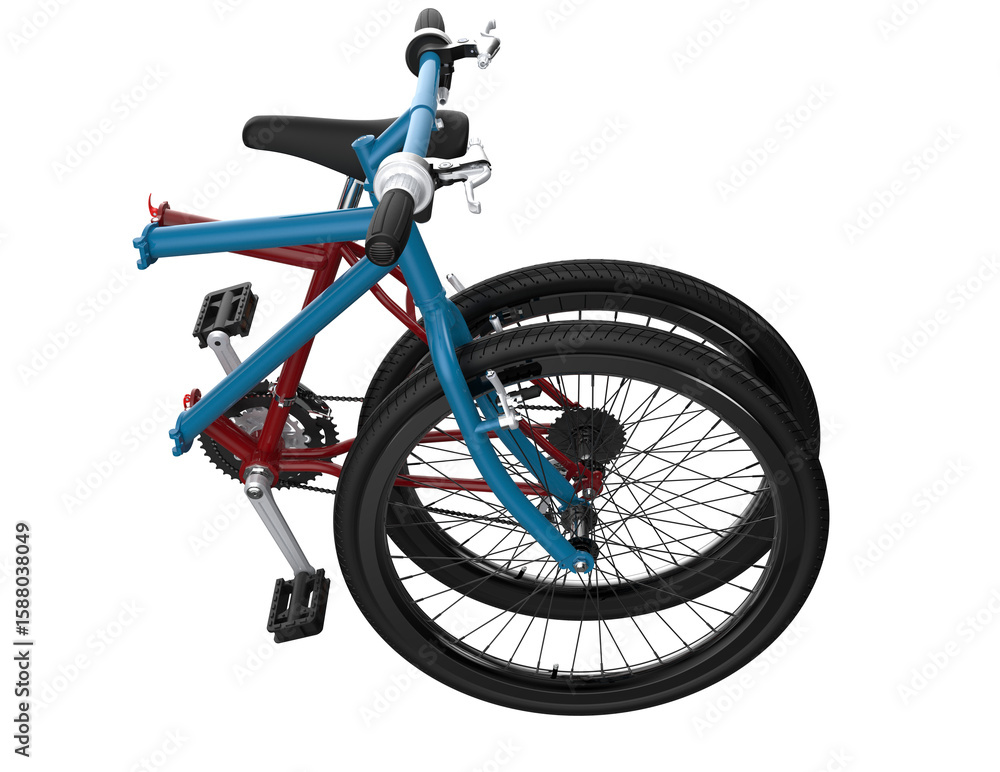 Fototapeta premium Adventure-Ready Blue Red Folding Mountain Bike - Portable Foldable MTB Bicycle for Convenient Travel and Outdoor Sports - High-Resolution Flip Bike with Transparent Background, Space-Saving.