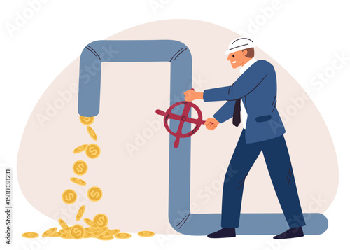 Businessman investor opens water faucet with gold coins. Cash flow. Finance profit. Man turning on pipe valve. Plumbing pipeline. Earnings income. Investment success. Vector concept