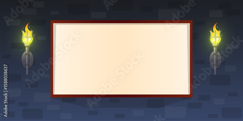 Blank banner on stone antique wall with burning torches on sides. Picture empty frame. Ancient castle light. Presentation border. Medieval interior. Fortress dungeon. Vector background
