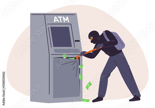 Black masked thief steals money from ATM. Robber breaks banking machine with crowbar. Financial crime. Bandit stealing dollar banknotes. Finance burglary. Savings security. Vector concept