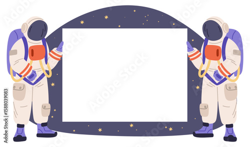 Astronauts holding banner against dark sky of space stars. Cosmonauts showing rectangular blank billboard. Spaceman in spacesuit presenting poster. Galaxy discovery. Vector background
