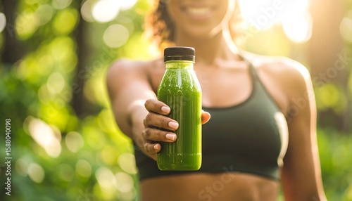 Woman offering a green smoothie bottle outdoors