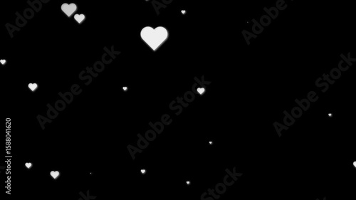 Minimalist animation of white hearts softly floating over black background. Floating white hearts animation against a black background perfect for romantic visuals.