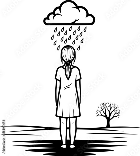 A classic symbol of emotional despair and doom. The lonely figure of a person under a personal storm cloud pouring rain reflects deep sadness and despondency.
