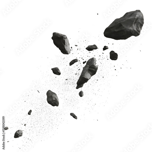 Falling black rocks isolated on transparent background