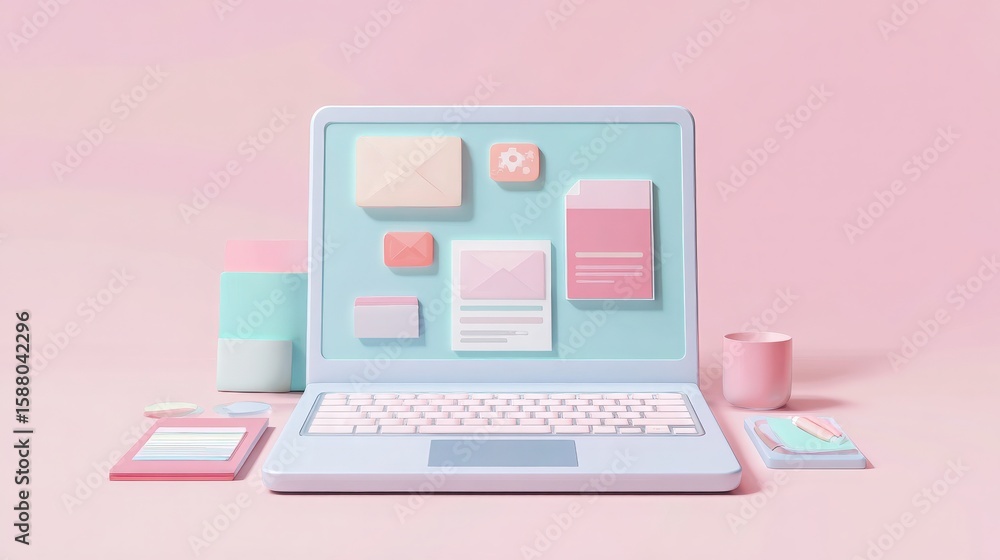 Flat vector illustration of a laptop with floating app icons in pastel blue, mint, and blush pink, corporate tech style Flat vector illustration of a laptop with floating app icons in pastel blue, mint, and blush pink, corporate tech style