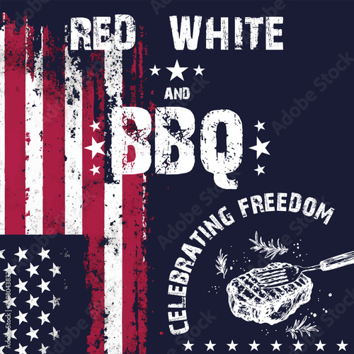 Red, White and BBQ Vector with American Flag and Steak