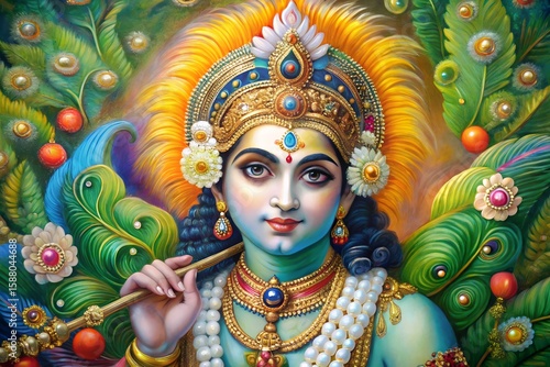 Vibrant portrait of lord krishna adorned with peacock feathers and jewels