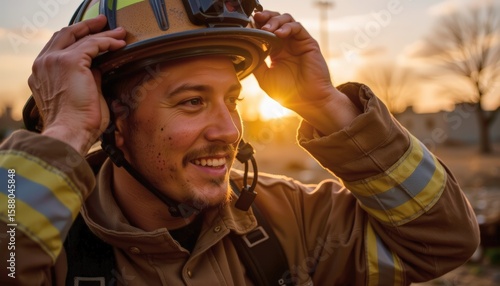 cinematic image of firefighter removing helmet and smiling with soot on face after a mission