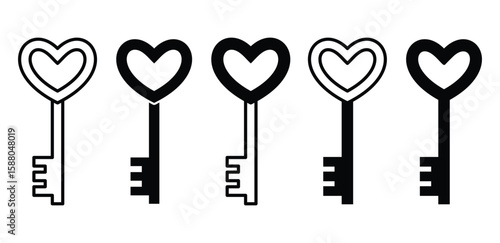 Heart Shaped Keys Set Icon Illustration Black And White Color Simple Vector Design