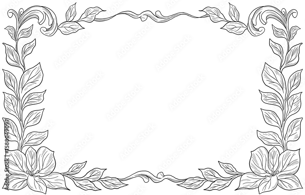 Obraz premium engraving vintage style, floral border and frame