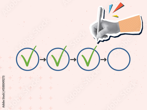 A black and white hand writes green ticks in a process scheme. Task progress report concept.  Modern photo collage style. Vector illustration