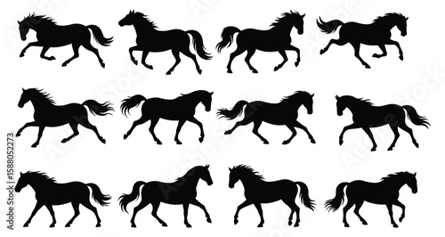 Silhouettes of twelve horses in progressive running poses—ideal for animation, equestrian design, motion study, and wildlife-themed compositions