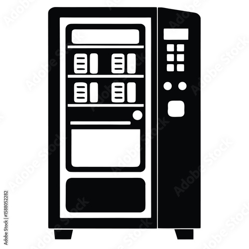A bold silhouette of a vending machine, isolated on a white background, symbolizing convenience, quick access, and modern retail.