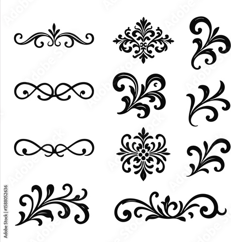 Elegant Ornament Collection: An exquisite assortment of black, swirling, stylized ornament designs, capturing the essence of refined grace and artistic charm.