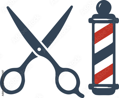 Barber Tools: An illustrative depiction of barber tools featuring crossed scissors and a classic barber pole, symbolizing the art of grooming.
