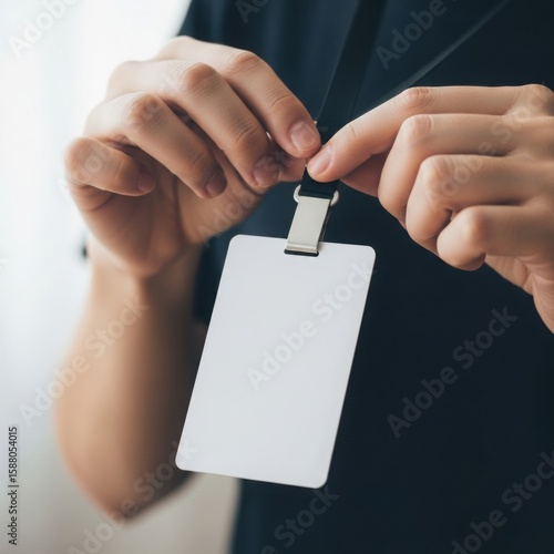 Close up of person holding blank white name tag or identification card on lanyard, demonstrating professional identity, business event badge or security access pass
